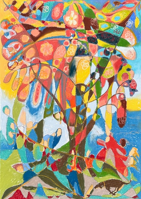 Colourful abstract pastel of a Cherry tree dance