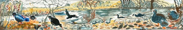 Panoramic loose drawing of moorhens on a riverside with babies and a chase, lightly portrayed in oils on canvas