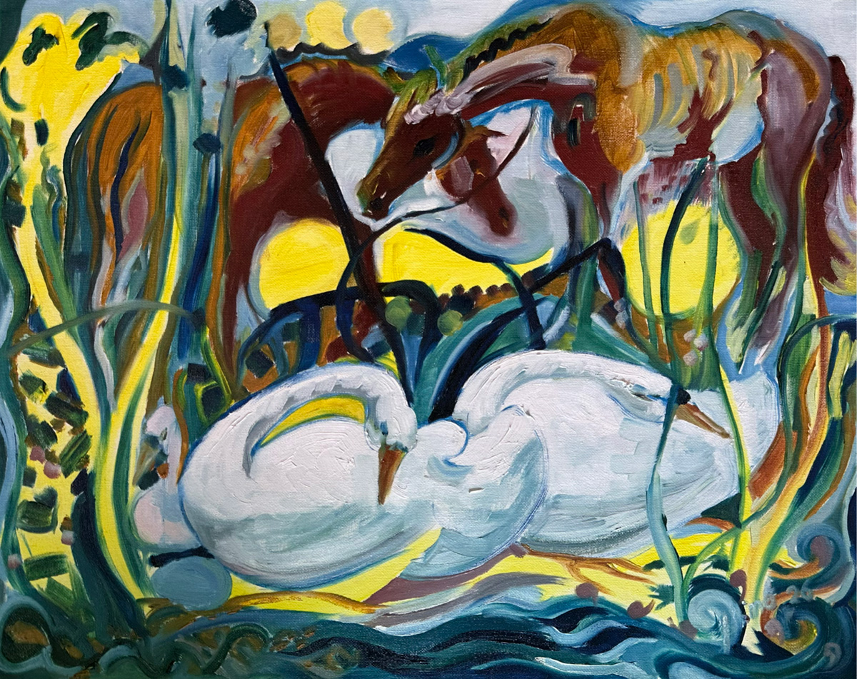 Lively painted Swans on the Cam, with horses