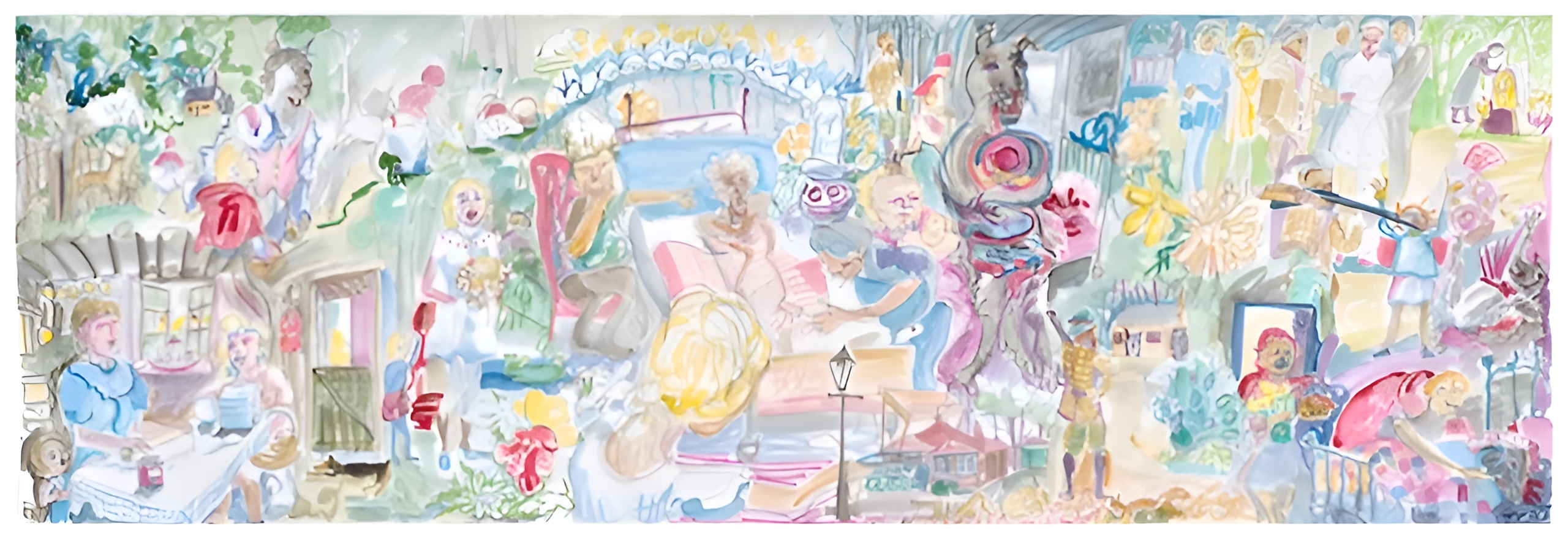 Dream like sketch inspired by Red Riding Hood in a lively sketchbook style softly coloured with pastel inks 